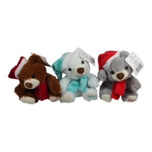 Lot of 3 Christmas Mini Plush Bears Multicolor Xmas Gift Santa Hat Bow Stocking